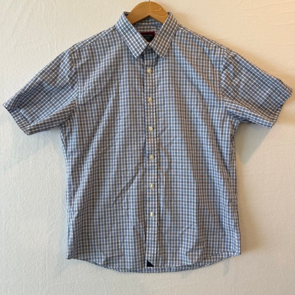UNTUCKit Dante WF Blue Gingham Wrinkle Free Cotton SS Shirt Mens Medium 31150